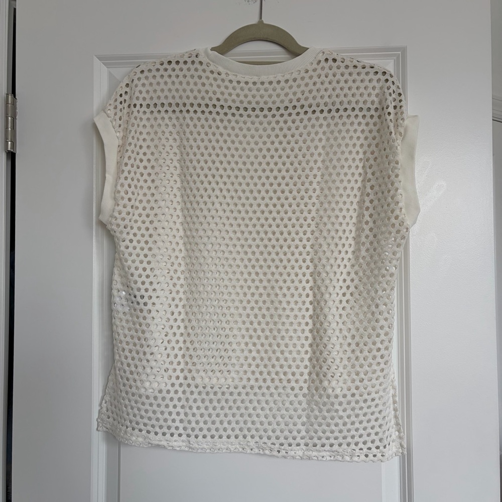 Women's Cream Open-Knit Short Sleeve Top - Picture 2 of 2